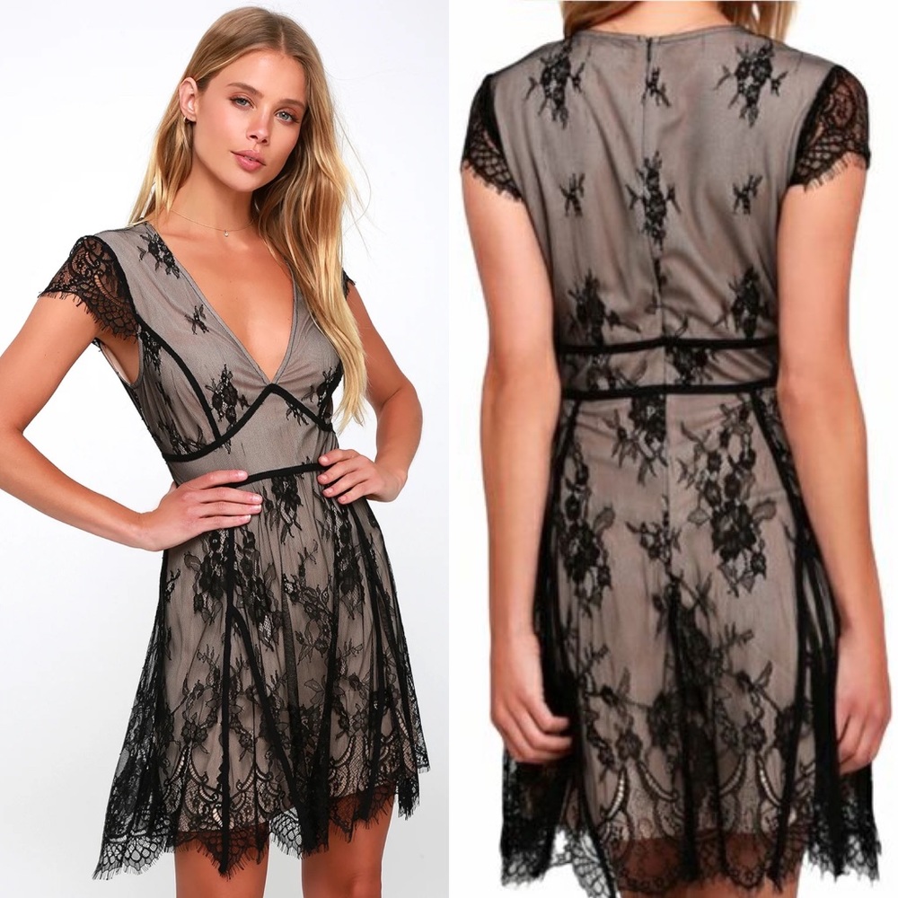 Lulus | Liano Black Lace Skater Dress - Picture 1 of 7